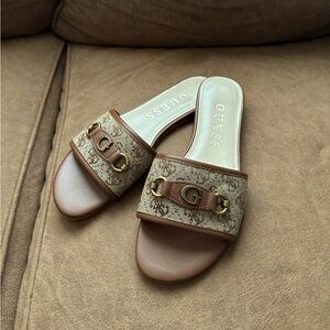 Guess Brown Monogram Slide Sandals with Gold Tone Hardware